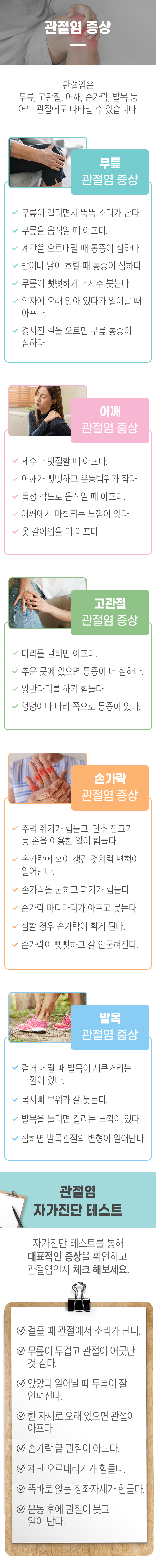 관절염 증상 ▷ 관절염은 무릎, 고관절, 어깨, 손가락, 발목 등 어느 관절에도 나타날 수 있습니다. 무릎 관절염 증상 ▶ 무릎이 걸리면서 뚝뚝 소리가 난다. 무릎을 움직일 때 아프다. 계단을 오르내릴 때 통증이 심하다. 밤이나 날이 흐릴 때 통증이 심하다. 무릎이 뻣뻣하거나 자주 붓는다. 의자에 오래 앉아 있다가 일어날 때 아프다. 경사진 길을 오르면 무릎 통증이 심하다. 어깨 관절염 증상 ▶ 세수나 빗질할 때 아프다. 어깨가 뻣뻣하고 운동범위가 작다. 특정 각도로 움직일 때 아프다. 어깨에서 마찰되는 느낌이 있다. 옷 갈아입을 때 아프다. 고관절 관절염 증상 ▶ 다리를 벌리면 아프다. 추운 곳에 있으면 통증이 더 심하다. 양반다리를 하기 힘들다. 엉덩이나 다리 쪽으로 통증이 있다. 손가락 관절염 증상 ▶ 주먹 쥐기가 힘들고, 단추 잠그기 등 손을 이용한 일이 힘들다. 손가락에 혹이 생긴 것처럼 변형이 일어난다. 손가락을 굽히고 펴기가 힘들다. 손가락 마디마디가 아프고 붓는다. 심할 경우 손가락이 휘게 된다. 손가락이 뻣뻣하고 잘 안굽혀진다. 발목 관절염 증상 ▶ 걷거나 뛸 때 발목이 시큰거리는 느낌이 있다. 복사뼈 부위가 잘 붓는다. 발목을 돌리면 걸리는 느낌이 있다. 심하면 발목관절의 변형이 일어난다. 관절염 자가진단 테스트 ▷ 자가진단 테스트를 통해 대표적인 증상을 확인하고, 관절염인지 체크 해보세요. □ 걸을 때 관절에서 소리가 난다. □ 무릎이 무겁고 관절이 어긋난 것 같다. □ 앉았다 일어날 때 무릎이 잘 안펴진다. □ 한 자세로 오래 있으면 관절이 아프다. □ 손가락 끝 관절이 아프다. □ 계단 오르내리기가 힘들다. □ 똑바로 앉는 정좌자세가 힘들다. □ 운동 후에 관절이 붓고 열이 난다.