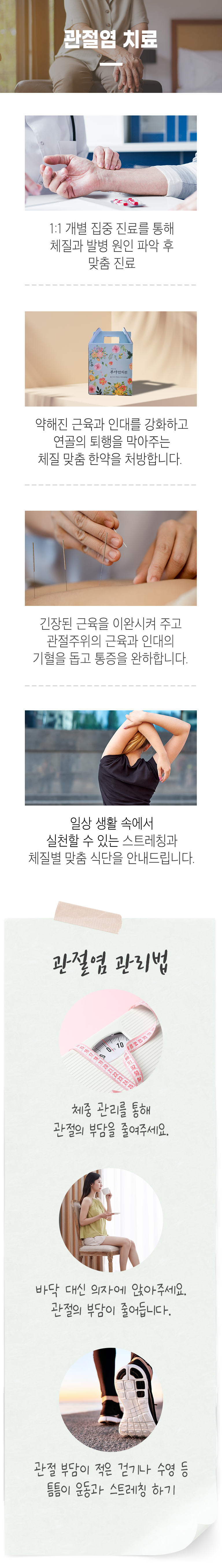 관절염 치료 ▷ 1:1 개별 집중 진료를 통해 체질과 발병 원인 파악 후 맞춤 진료. 약해진 근육과 인대를 강화하고 연골의 퇴행을 막아주는 체질 맞춤 한약을 처방합니다. 긴장된 근육을 이완시켜 주고 관절주위의 근육과 인대의 기혈을 돕고 통증을 완하합니다. 일상 생활 속에서 실천할 수 있는 스트레칭과 체질별 맞춤 식단을 안내드립니다. 관절염 관리법 ▷ 체중 관리를 통해 관절의 부담을 줄여주세요. 바닥 대신의자에 앉아주세요. 관절의 부담이 줄어듭니다. 관절 부담이 적은 걷기나 수영 등 틈틈이 운동과 스트레칭 하기.