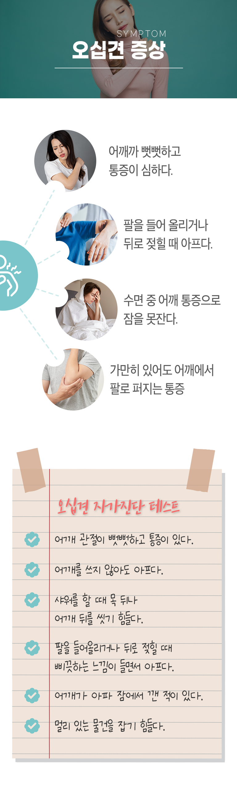 SYMPTOM 오십견 증상 ▷ 어깨가 뻣뻣하고 통증이 심하다. 팔을 들어 올리거나 뒤로 젖힐 때 아프다. 수면 중 어깨 통증으로 잠을 못잔다. 가만히 있어도 어깨에서 팔로 퍼지는 통증. 오십견 자가진단 테스트 - □ 어깨 관절이 뻣뻣하고 통증이 있다. □ 어깨를 쓰지 않아도 아프다. □ 샤워를 할 때 목 뒤나 어깨 뒤를 씻기 힘들다. □ 팔을 들어올리거나 뒤로 젖힐 때 삐끗하는 느낌이 들면서 아프다 □ 어깨가 아파 잠에서 깬 적이 있다. □ 멀리 있는 물건을 잡기 힘들다.