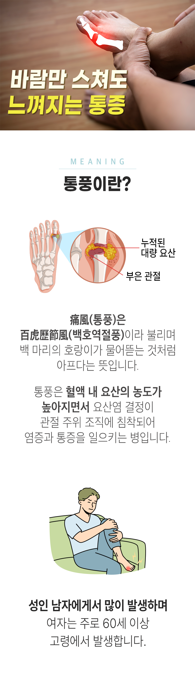 바람만 스쳐도 느껴지는 통증. MEANING 통풍이란? 누적된 대량 요산, 부은 관절. 痛風(통풍)은 白虎歷節風(백호역절풍)이라 불리며 백 마리의 호랑이가 물어뜯는 것처럼 아프다는 뜻입니다. 통풍은 혈액 내 요산의 농도가 높아지면서 요산염 결정이 관절 주위 조직에 침착되어 염증과 통증을 일으키는 병입니다. 성인 남자에게서 많이 발생하며 여자는 주로 60세 이상 고령에서 발생합니다.