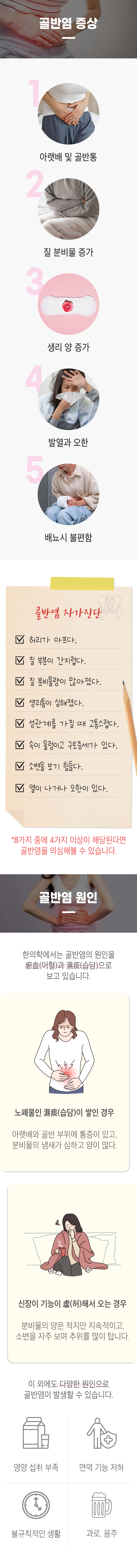 골반염 증상 ▷ 1. 아랫배 및 골반통 2. 질 분비물 증가 3. 생리 양 증가 4. 발열과 오한 5. 배뇨시 불편함. 골반염 자가진단 □ 허리가 아프다. □ 질 부분이 간지럽다. □ 질 분비물량이 많아졌다. □ 생리통이 심해졌다. □ 성관계를 가질 때 고통스럽다. □ 속이 울렁이고 구토증세가 있다. □ 소변을 보기 힘들다. □ 열이 나거나 오한이 있다. *8가지 중에 4가지 이상이 해당된다면 골반염을 의심해볼 수 있습니다. 골반염의 원인 ▷ 한의학에서는 골반염의 원인을 瘀血(어혈)과 濕痰(습담)으로 보고 있습니다. 노폐물인 濕痰(습담)이 쌓인 경우 - 아랫배와 골반 부위에 통증이 있고, 분비물의 냄새가 심하고 양이 많다. 신장이 기능이 虛(허)해서 오는 경우 - 분비물의 양은 적지만 지속적이고, 소변을 자주 보며 추위를 많이 탑니다. 이 외에도 다양한 원인으로 골반염이 발생할 수 있습니다. 영양 섭취 부족, 면역 기능 저하, 불규칙적인 생활, 과로, 음주.