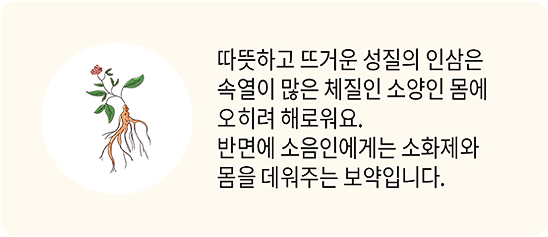 따뜻하고 뜨거운 성질의 인삼은 속열이 많은 체질인 소양인 몸에 오히려 해로워요. 반면에 소음인에게는 소화제와 몸을 데워주는 보약입니다.