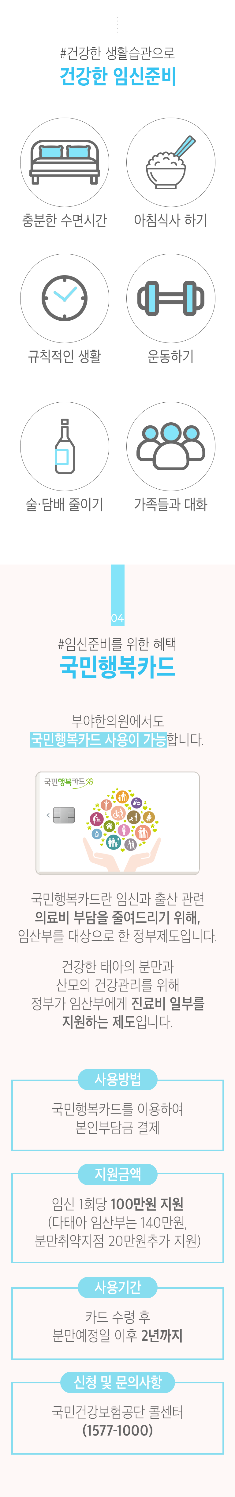 #건강한 생활습관으로 건강한 임신준비 ▷ 충분한 수면시간, 아침식사 하기, 규칙적인 생활, 운동하기, 술·담배 줄이기, 가족들과 대화. 04 #임신준비를 위한 혜택 국민행복카드 ▷ 부야한의원에서도 국민행복카드 사용이 가능합니다. 국민행복카드란 임신과 출산 관련 의료비 부담을 줄여드리기 위해, 임산부를 대상으로 한 정부제도입니다. 건강한 태아의 분만과 산모의 건강관리를 위해 정부가 임산부에게 진료비 일부를 지원하는 제도입니다. 사용방법 : 국민행복카드를 이용하여 본인부담금 결제. 지원금액 : 임신 1회당 100만원 지원(다태아 임산부는 140만원, 분만취약지점 20만원 추가 지원). 사용기간 : 카드 수령 후 분만예정일 이후 2년까지. 신청 및 문의사항 : 국민건강보험공단 콜센터(1577-1000)