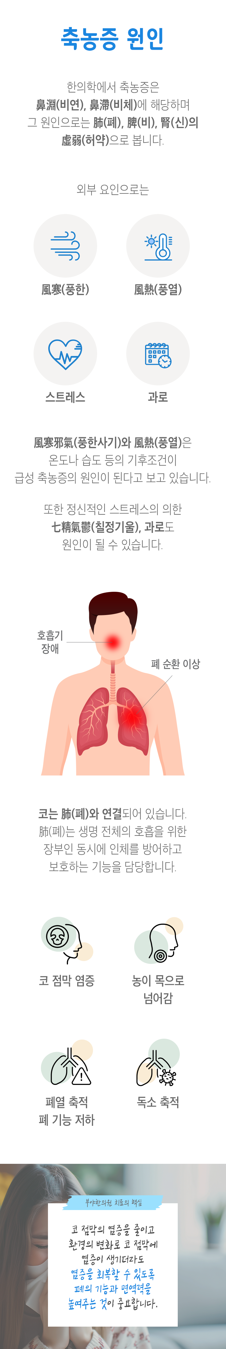 축농증 원인 ▷ 한의학에서 축농증은 鼻淵(비연), 鼻滯(비체)에 해당하며 그 원인으로는 肺(폐), 脾(비), 腎(신)의 虛弱(허약)으로 봅니다. 외부 요인으로는 風寒(풍한), 風熱(풍열), 스트레스, 과로. 風寒邪氣(풍한사기)와 風熱(풍열)은 온도나 습도 등의 기후조건이 급성 축농증의 원인이 된다고 보고 있습니다. 또한 정신적인 스트레스에 의한 七精氣鬱(칠정기울), 과로도 원인이 될 수 있습니다. 코는 肺(폐)와 연결되어 있습니다. 肺(폐)는 생명 전체의 호흡을 위한 장부인 동시에 인체를 방어하고 보호하는 기능을 담당합니다. 코 점막 염증, 농이 목으로 넘어감, 폐열 축적 폐 기능 저하, 독소 축적. 부야한의원 치료의 핵심 - 코 점막의 염증을 줄이고 환경의 변화로 코 점막에 염증이 생기더라도 염증을 회복할 수 있도록 폐의 기능과 면역력을 높여주는 것이 중요합니다.