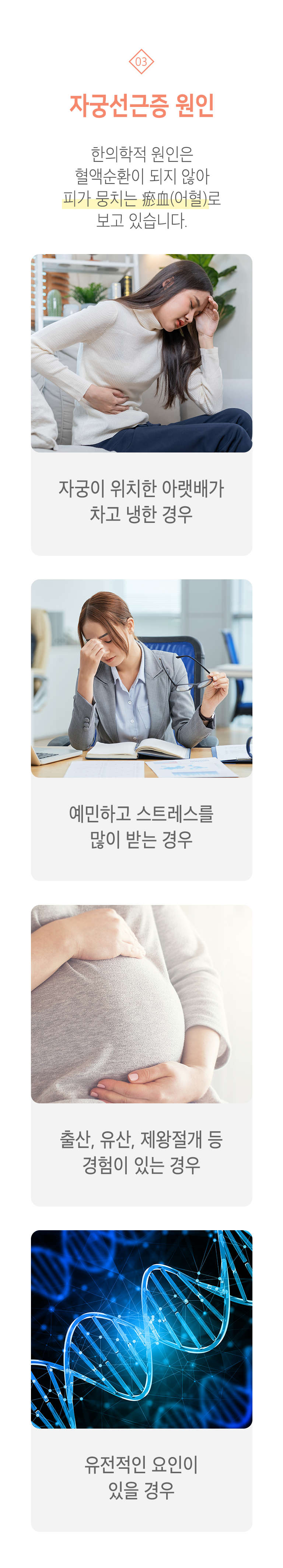 03 자궁선근증 원인 ▷ 한의학적 원인은 혈액순환이 되지 않아 피가 뭉치는 瘀血(어혈)로 보고 있습니다. 자궁이 위치한 아랫배가 차고 냉한 경우, 예민하고 스트레스를 많이 받는 경우, 출산, 유산, 제왕절개 등 경험이 있는 경우, 유전적인 요인이 있을 경우.